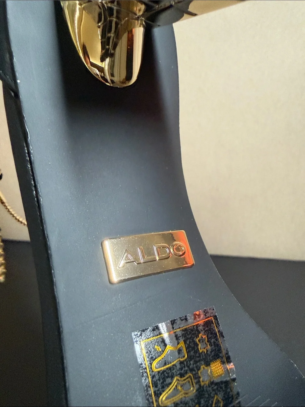 Aldo Black Square-Toe Block Heel Sandals with Gold Chain